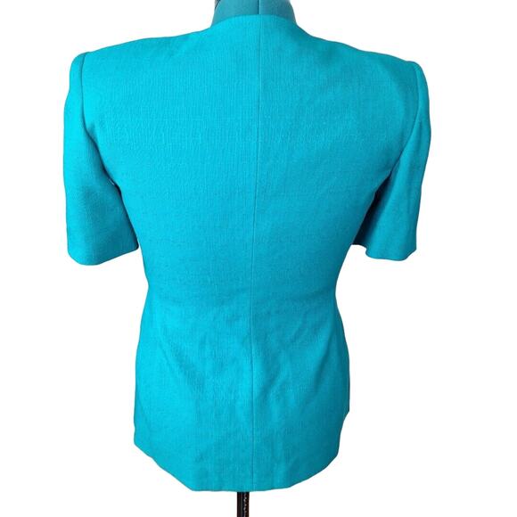 Vintage 80s/90s Teal Short Sleeve Gold Button Blazer Jacket Size Medium Career - Picture 3 of 8
